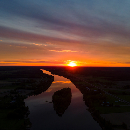 Maisema, Muhos, Oulujoki, Auringonlasku